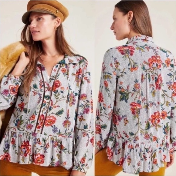 ANTHROPOLOGIE MAEVE Women’s Ivory Black Polka Dot Floral Peasant Blouse Size 4 - Picture 1 of 8